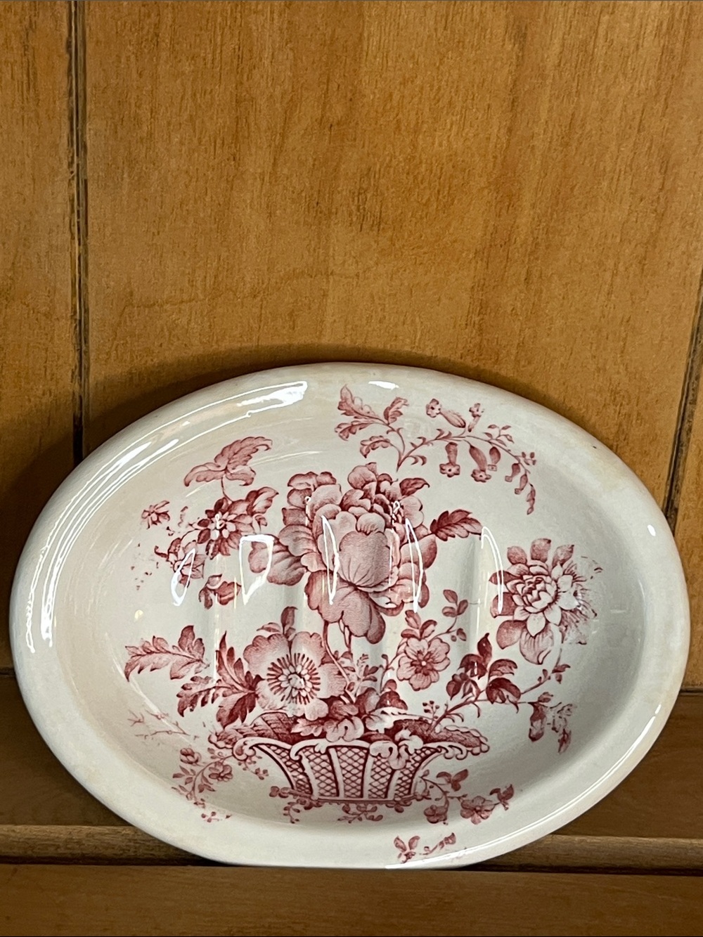 Vintage Floral Transferware Oval Soap Dish- Red on Cream- Ironstone England